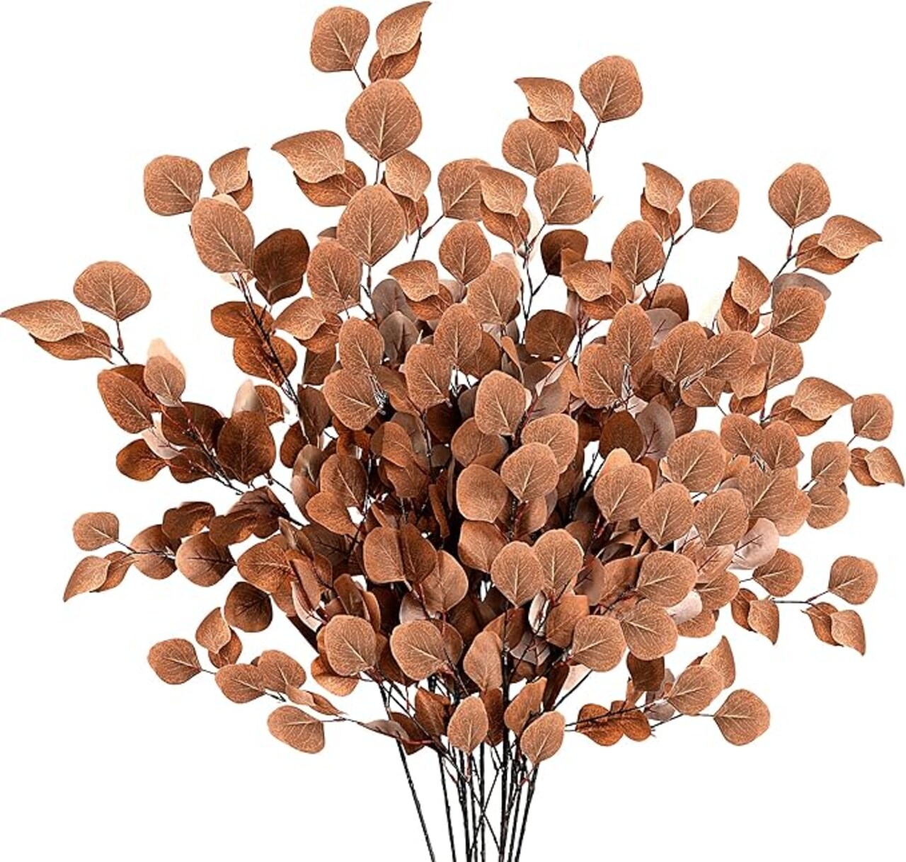 6 Fall Artificial Eucalyptus Stems Long Silver Dollar Leaves Fake Silk Eucalyptus Leaf Branches for Indoor Home Autumn Festival Thanksgiving Decor (Dark Brown)